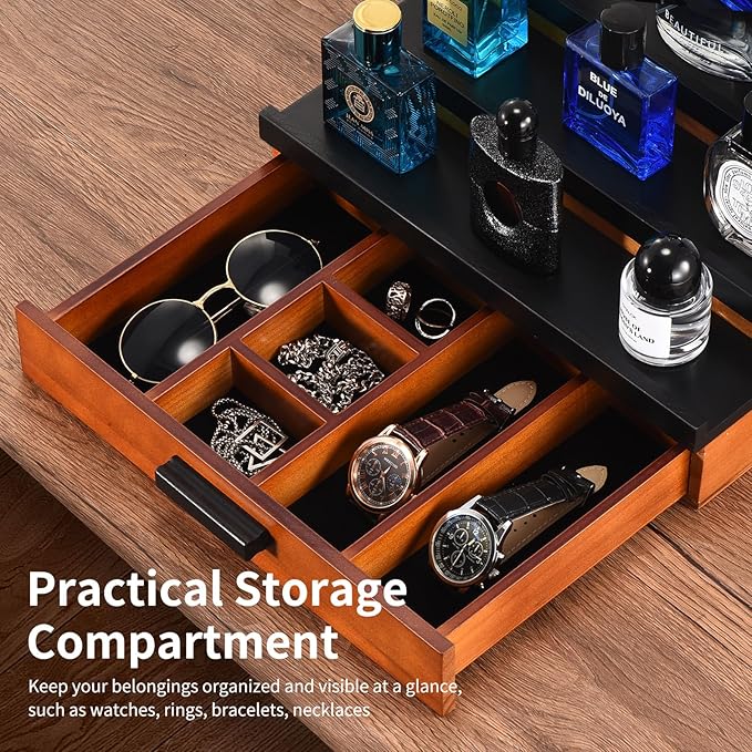 Perfume Organizer for Men, 3 Tier Wood Perfume Display Stand with Velvet Lining Drawer and Hidden Compartment for Watch,Jewelry,Perfume Display Risers,A Gift for Men (Black+Walnut)