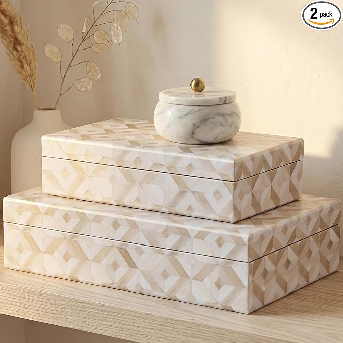ZICOTO Decorative Storage Boxes with Lids - Set of 2 Beautiful Organizer Bins for Your Bookshelf Home Decor - Safely Store Photos, Documents and Memory Box Keepsakes on Your Shelves in Style