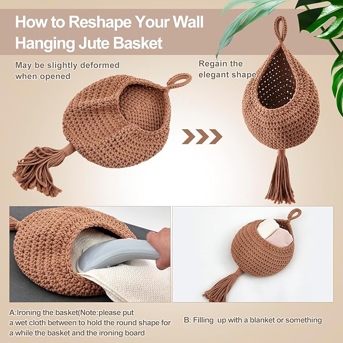 Honeydak Boho Decor Hanging Wall Baskets for Kitchen 3 Pack Teardrop Baskets with Hooks Storage Fruit Onion Vegetable Potato for Home 3 Sizes(White,Tassel,Cotton Rope)