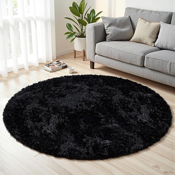 Black Round Fluffy Rug 6ft Plush Fuzzy Shaggy Carpet,Soft Rugs for Living Room for Nursery,Preppy Dorm,Classroom,Playroom,Teen,Baby Home Decor (Black 6"x6")