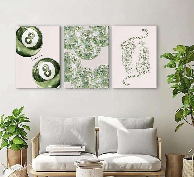 3Pcs Framed Trendy Leopard Disco Ball Canvas Wall Art Sage Green Lucky Poster Prints Preppy Ace Cards Wall Decor pictures for Girly Bedroom Apartment Dorm Decoration
