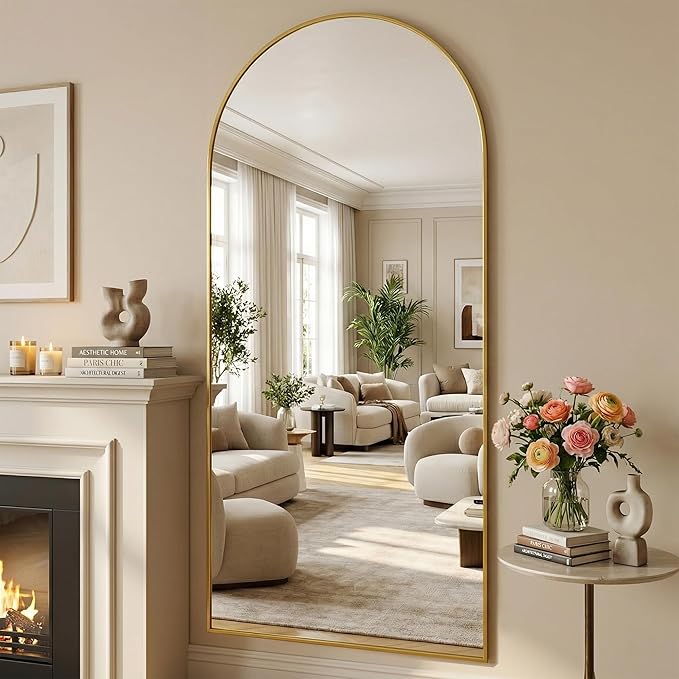Suidia 81"x41" Arched Full Length Mirror with Stand, Full Body Mirror with Aluminum Frame, Freestanding/Leaning/Wall-Mounted, Floor Mirrors for Bedroom, Living Room, Entryway, Dressing Room, Gold