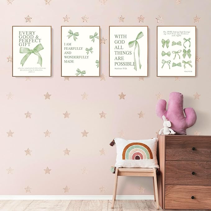 LARTSFRO Coquette Sage Green Bow Wall Art Decor Posters, Sage Green Bow Room Bedroom Bathroom Wall Art Decor Aesthetic for Teen Girls Gifts, Inspirational Bible Verses Bow Wall Decor, 12x16 Inch Set of 4 Bow Pictures Unframed