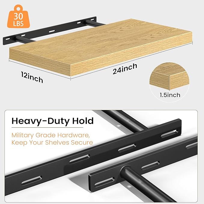 Floating Shelves for Wall, 24 Inch Floating Shelves Set of 2, Wall Mounted Rustic Wood Shelf for Bathroom, Living Room, Bedroom and Kitchen, Hanging Shelf for Storage, Books, Home Decor, Oak