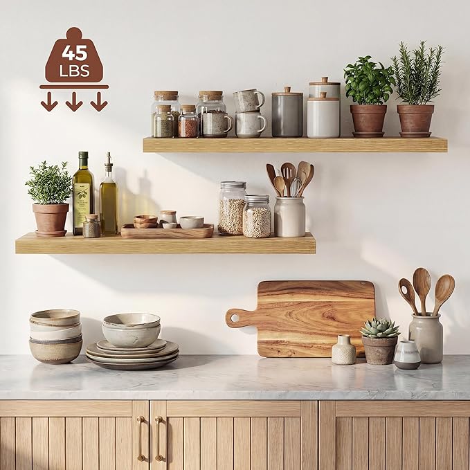 Dreamland 36 Inches Floating Shelves for Wall, 9.3" Deep Long Floating Shelves Set of 2, Large Display & Storage Shelf, Wall Shelf for Bathroom Bedroom Living Room Kitchen Office, Oak