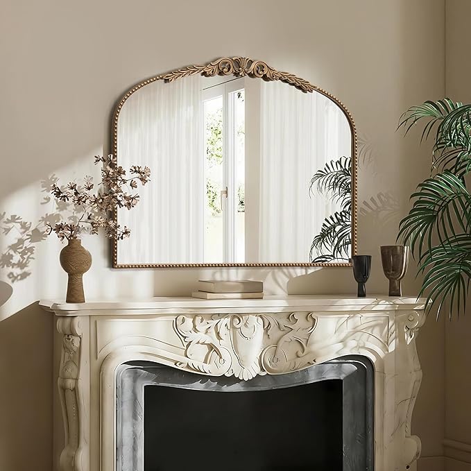 Besdomus Gold Vintage Vanity Mirror: 24"x 32" French Baroque Arched Mirror - Traditional Ornate Antique Mirrors for Wall/Dresser/Mantel/Bedroom/Entryway/Bathroom/Hallway - Home Decor for Living Room