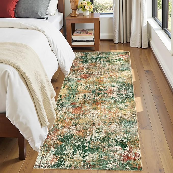 RELEANY Washable Area Rugs 2'x8' Non-Slip Modern Abstract Soft for Living Room Entryway Bedroom Nursery, Print Pattern, Green Orange Rust Red Cream Colorful