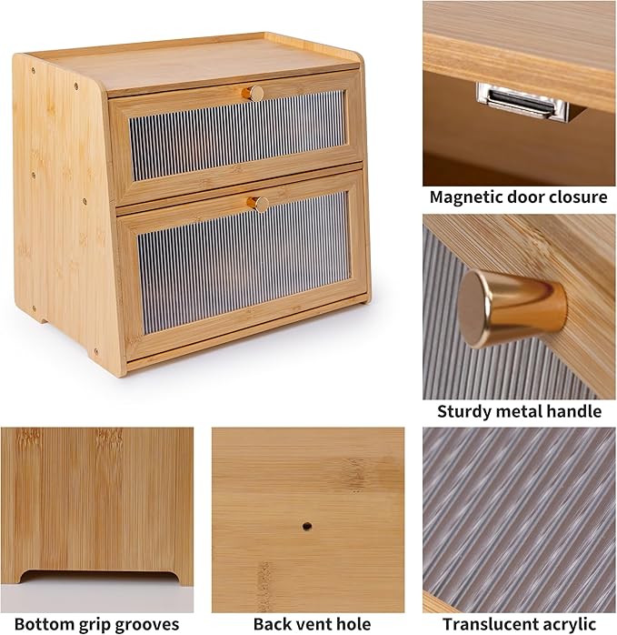 Bamboo Bread Box 2 Tiered for Kitchen Counter-Large Capacity Wood Bread Basket Storage Container Bread Box with Window Bread Holder with Shelf Vitamin Bottle Storage