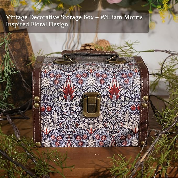 Vintage Decorative Storage Box with Handle, Retro Floral William Morris Keepsake Organizer Chest for Jewelry, Trinkets, Gift Packaging and Home Decor, 7 x 5.6 x 4.7 Inch