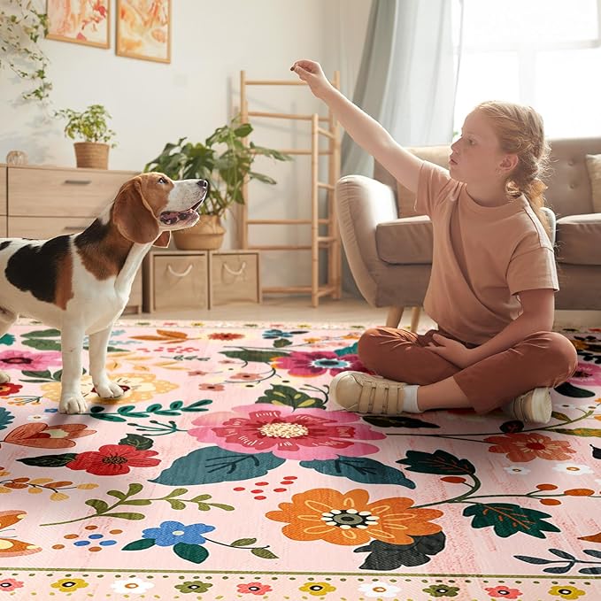RELEANY Floral Nursery 2x10 Area Rugs Washable Print Boho Cute Carpet Non Slip Flower Low Pile for Living Room Kids Girls Playroom Bedroom Kitchen Office Farmhouse-Pink