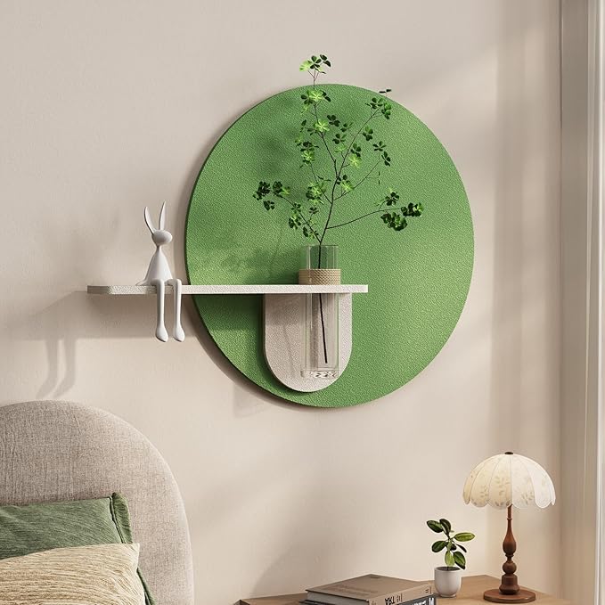 3D Textured Sage Green Round Wall Art Decor with Shelf, Minimalist Green Artwork for Walls with Vase, Sandstone Texture Wall Decor for Living Room, Hallway, Dining Room, Bedroom, Office, 24x24 Inch