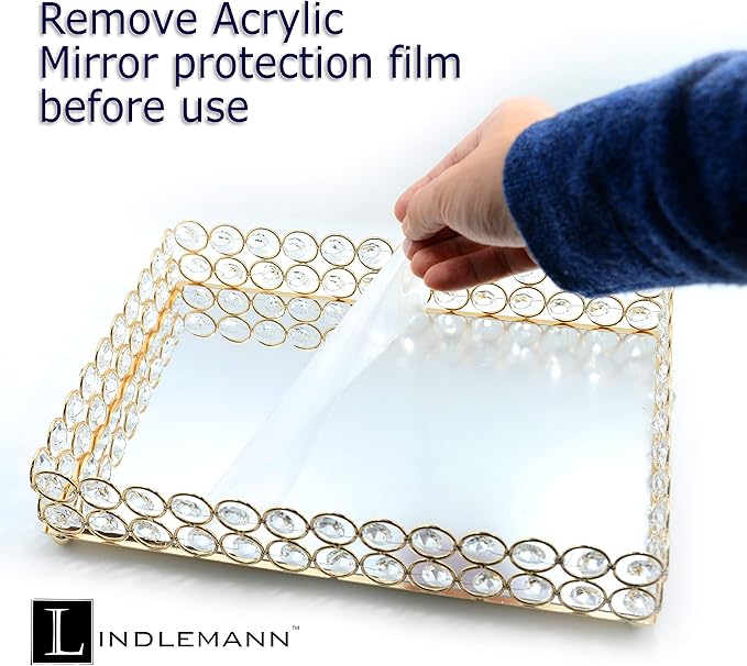 Decorative Tray Metal Mirrored Vanity Trays Crystal Ornate Perfume Jewelry Makeup Dish Dresser Countertop Organizer for Home Decoration & Holiday Party (Rectangle, 12x9in, Gold)