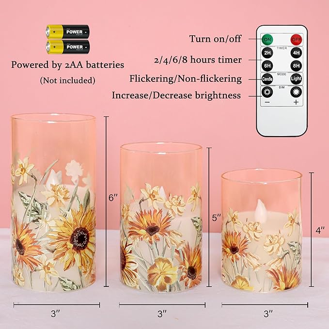 MELTONE Sunflower Flameless Candles Remote Real Wax Flickering Battery Operated Glass Candles - Home Party Bedroom Birthday Christmas Summer Spring Decorations