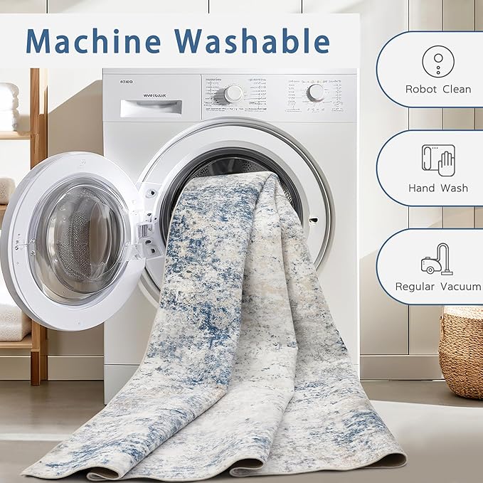 Srugn Washable Rugs 8x10 Area Rugs for Living Room,Modern Abstract Rugs for Bedroom,Large Carpets,Ultra Soft Faux Wool Retro Dining Room Rug,Non Slip&Non-Shedding Low Pile Print Rug- Blue Beige