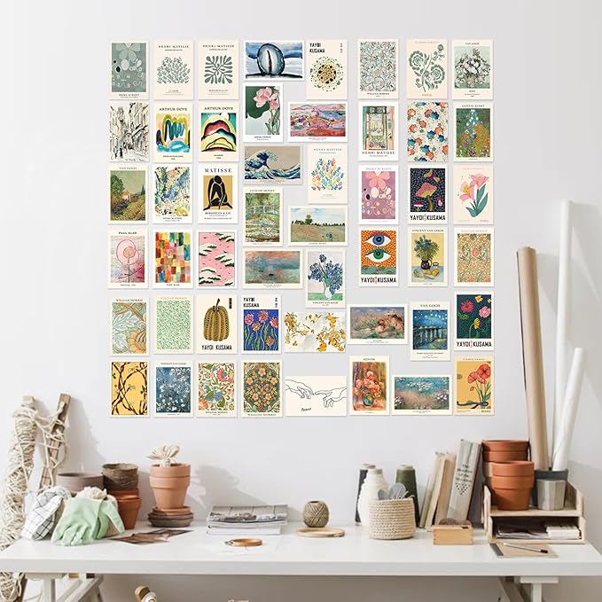 KBKBART Eclectic Wall Decor, 50Pcs Eclectic Wall Art Prints, Colorful Maximalist Decor Boho Gallery Wall Collage Kit, Vintage Famous Artists Painting Pictures Aesthetic Poster for Funky Room Decor, Home Decor for Bedroom Dorm