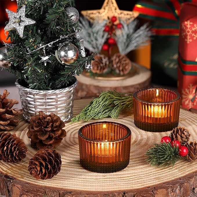 HAVITI 24 Pack Amber Tealight Candle Holders, Glass Votive Candle Holders Fall Decorations for Home Table Fall Wedding Centerpieces, Party Supplies and Vintage Decor
