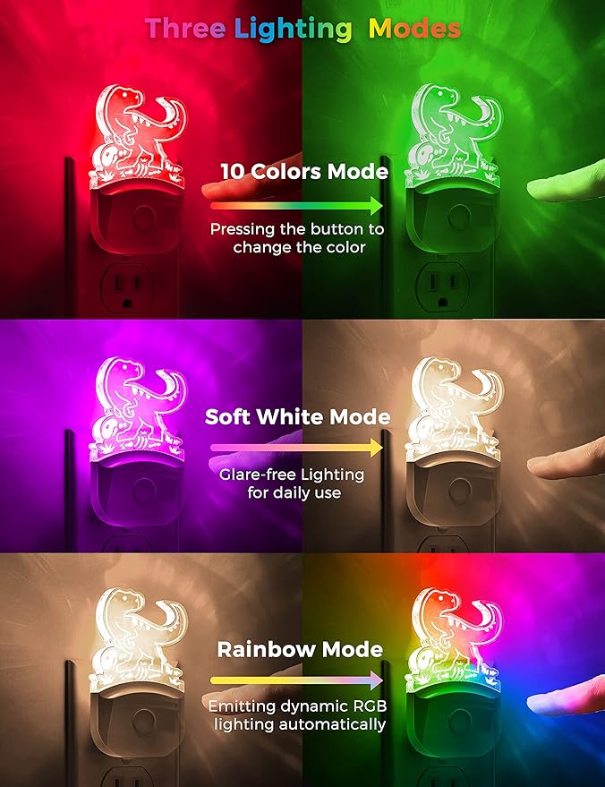 L LOHAS LED Night Light for Kids, Dinosaur Night Light for Boys, Velociraptor LED Night Lights Plug into Wall, RGB+Soft White 3000K, Dusk to Dawn, Ideal for Nursery Room, Bedroom Decor[2 Pack]