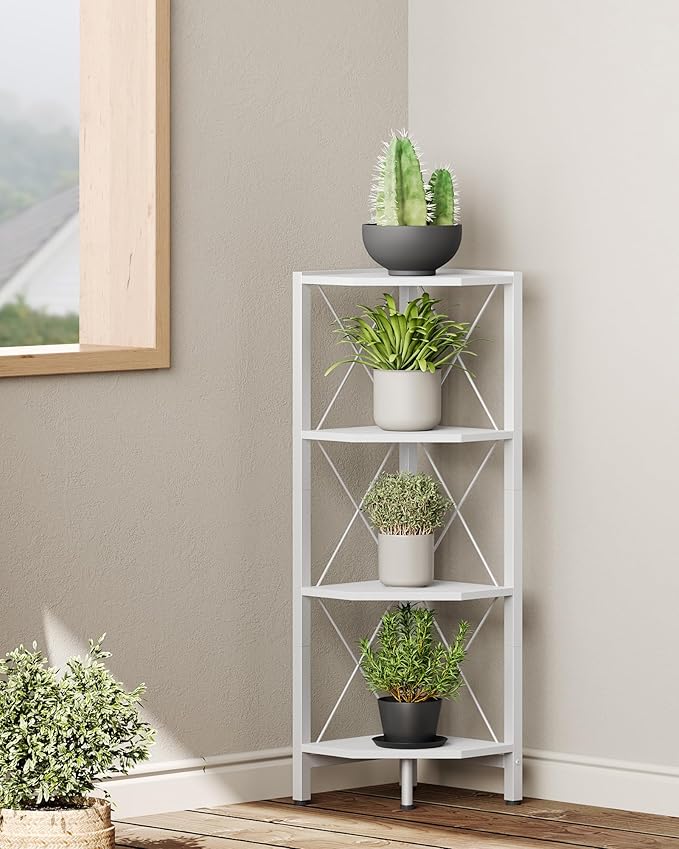 CHOEZON 4-Tier Corner Shelf, Corner Bookcase, 43.3" Tall Vertical Display Rack, Plant Stand, Open Storage Shelf, for Living Room, Bedroom, Study, Kitchen, White TCJ14WB