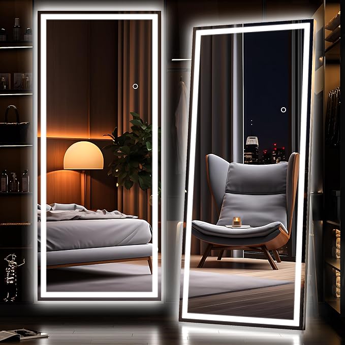 Hasipu Full Length Mirror with Lights, 71" x 24" LED Lighted Floor Standing, Full Body Dressing Hanging Mounted Mirror, Tempered Glass, Square Black
