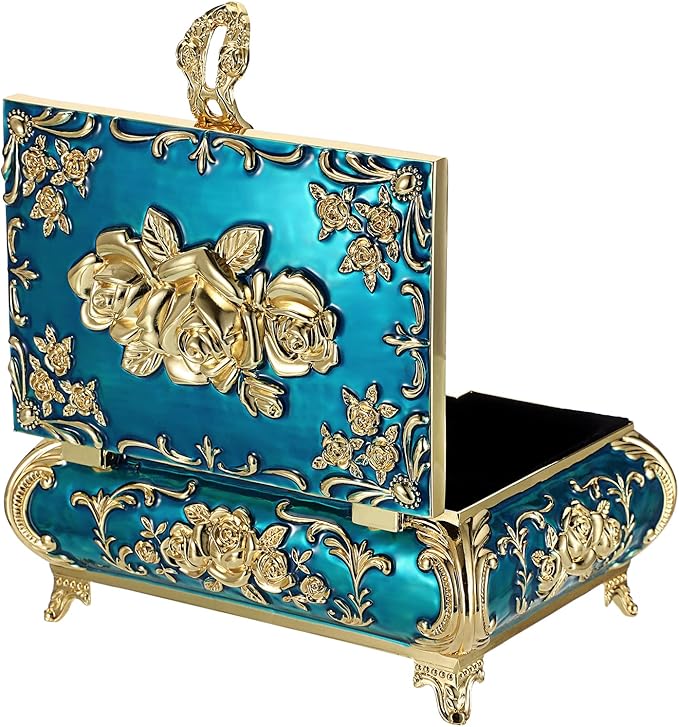 Hipiwe Metal Decorative Jewelry Box Vintage Treasure Chest Case Ornate Trinket Organizer Earrings Necklace Bracelet Storage Box Ring Holder Keepsake Box for Women