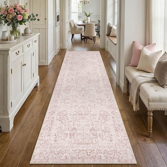 Rugxara 2'6" x 8' Hallway Runner Rug, Non Slip Boho Runner Rugs for Hallway, Kitchen, Entrance, Bathroom, Laundry Room, Soft Ultra-Thin Entryway Carpet, Throw Low Pile Retro Carpet, Pink