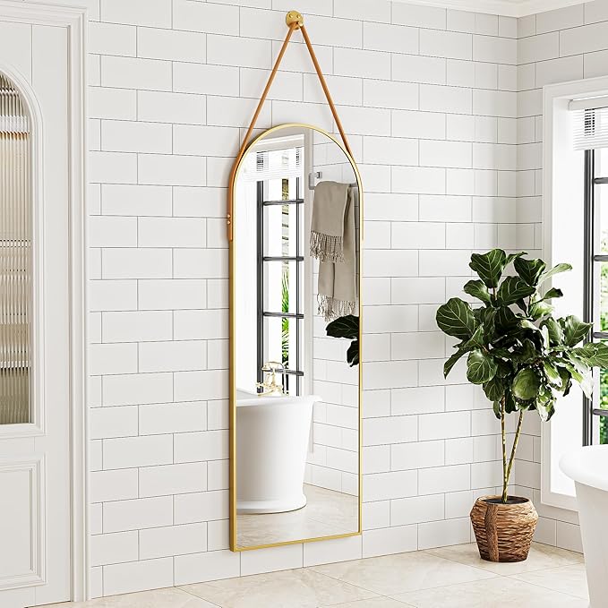 Full Length Mirror, Arched Wall Mounted Mirror, 48"x16" Door Mirrors with Hanging Leather Strap, Wall Mirrors Full Length with Aluminum Frame for Bathroom Living Room Entryway (Gold)