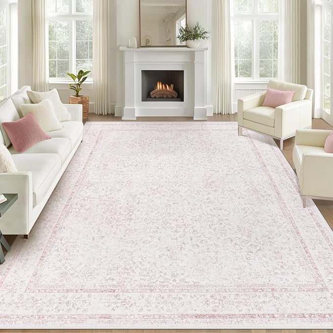 8x10 Area Rugs for Living Room: Washable Large Vintage Floral Rug Low Pile Non-Slip Boho Carpet for Bedroom Home Office Dining Room (Pink, 8'x10')