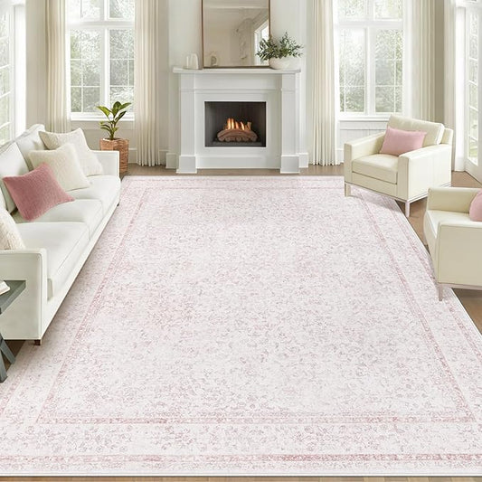 9x12 Area Rugs for Living Room: Washable Large Vintage Floral Rug Low Pile Non-Slip Boho Carpet for Bedroom Home Office Dining Room (Pink, 9'x12')