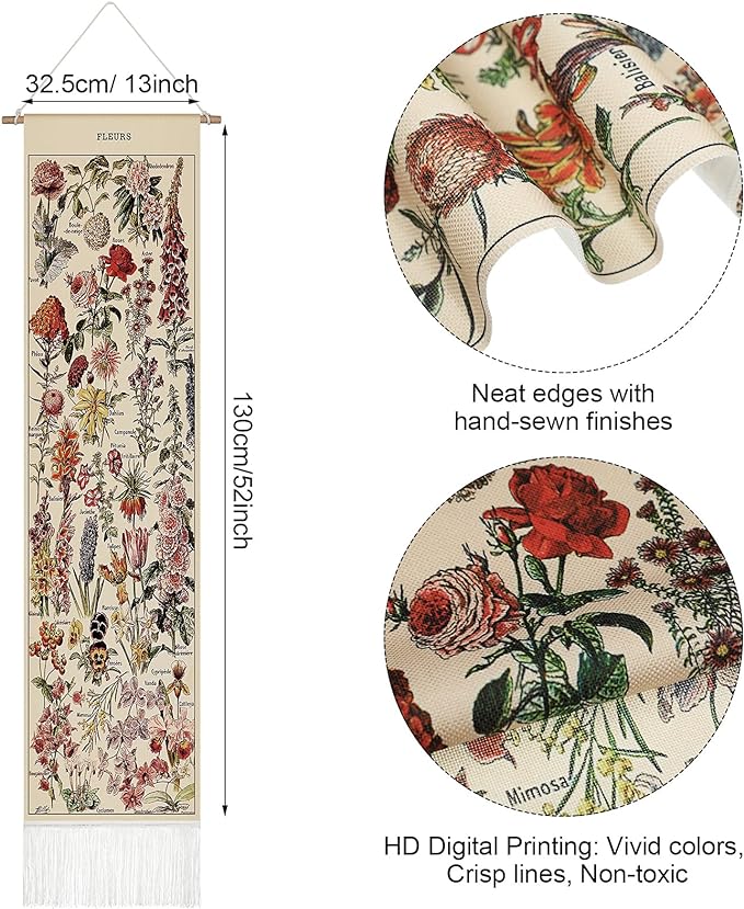Tegeme Vintage Tapestry 52 x 13 Inch, Long Vertical Wall Hanging Reference Illustrative Botanical Tassel Tapestry for Bedroom Living Room Home Decoration(Flower)