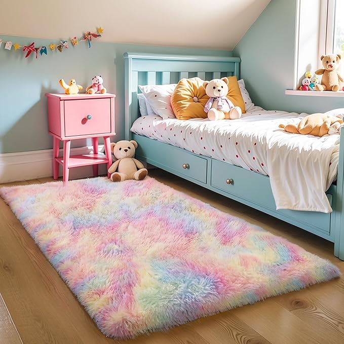 KICHOWUA Thick Area Rug 5x8 Unicorn Fluffy Shag for Girls Bedroom, Rainbow Soft Fuzzy Furry Shaggy Pastel Rug for Living Room,Thickened Washable Non Slip Princess Kids Nursery Boys Dorm Room Carpets