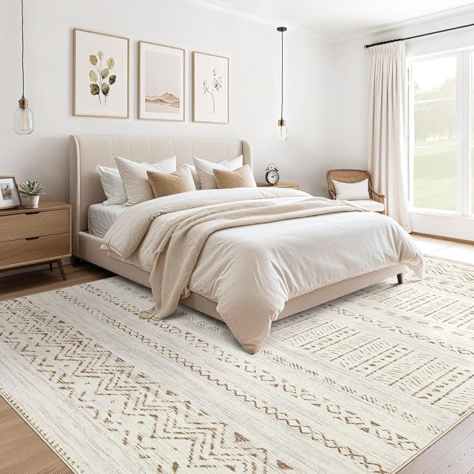 cotiled 5x7 Area Rug Living Room: Washable Boho Rugs with Non Slip Backing Large Soft Indoor Stain Resistant Carpet for Bedroom Farmhouse Dining Room Lightweight Home Decor Brown/Cream
