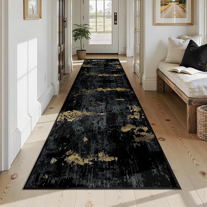 RELEANY Washable Area Rugs 3x12 Non-Slip Modern Abstract Soft for Living Room Entryway Bedroom Nursery, Print Pattern, Dark Black Gold