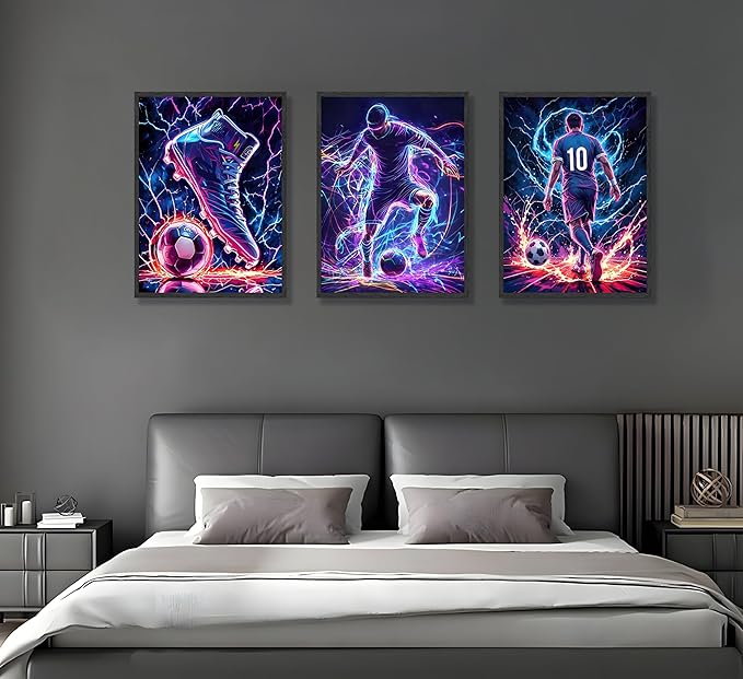 FJKLRP 3pcs Neon Lightning Soccer Canvas Wall Art Football Wall Decor with 10 Number Player Paintings posters Trendy Sports Artwork for Bedroom Living Room Fan Cave Game Room decor Unframed