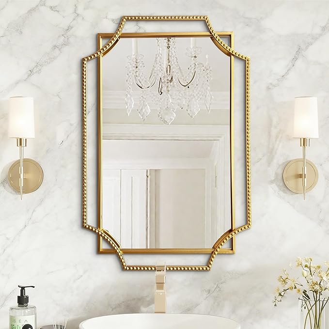 Gold Bathroom Mirror with Metal Frame 24"x36" Antique Beaded Decorative Wall Vanity Mirror Rectangle Polished Beveled Mirrors for Bedroom Entryway Fireplace