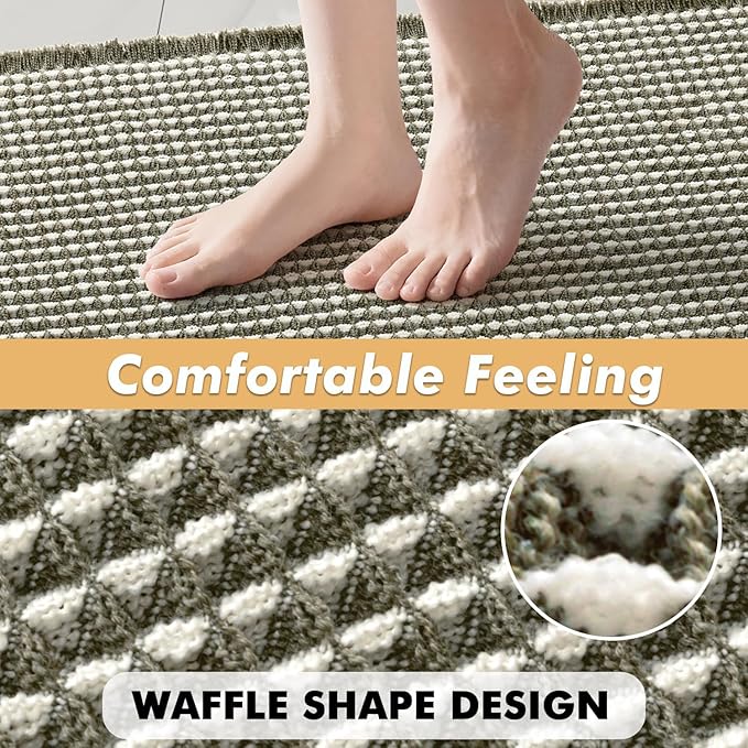 MIULEE Set of 2 Waffle Bathroom Rugs, Boho Bath Rugs Non Slip Washable, Super Absorbent Bath Mats, Ultra Soft Rubber Backed Shower Mats for Bathroom Floor, Tub, Green & Cream, 17"x24"+18"x30"