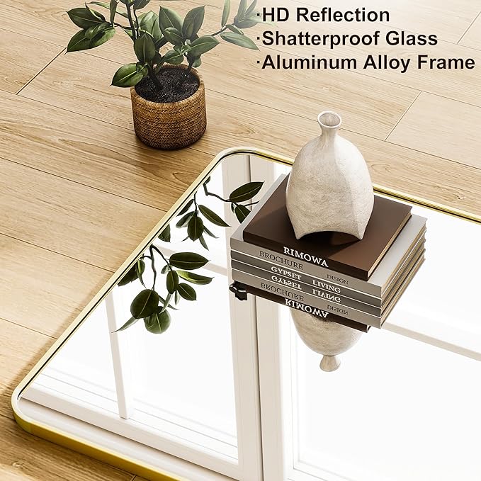 Gold Full Length Mirror 26 x 71 Inch Nano Floor Mirrors with Stand Rounded Corner Full Body Mirrors with Aluminum Alloy Frame for Bedroom Living Room Checkroom