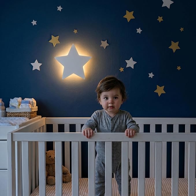 KALEOLI Star Wall Night Light with 106 Moon and Stars Wall Decals Set for Nursery – Rechargeable & Dimmable Crib and Toddlers Night Light - 90 Min Timer for Bedtime Routine