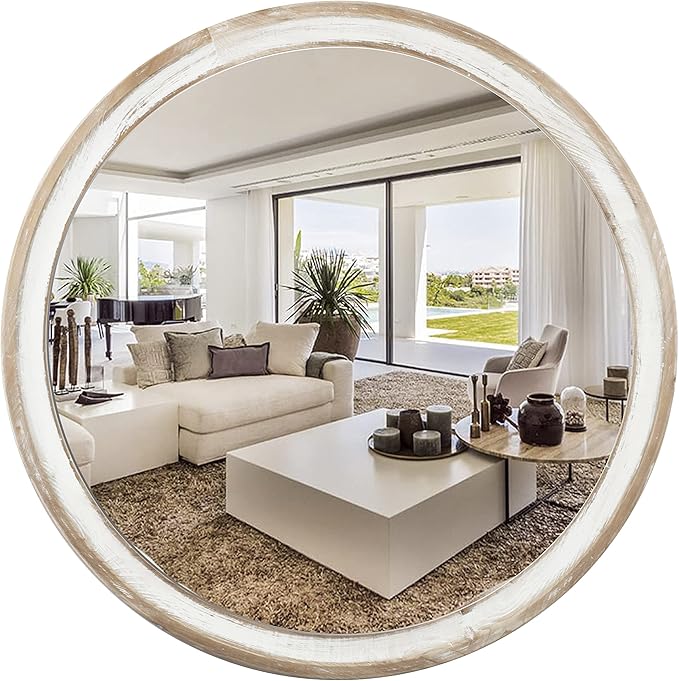 Reflinto 24 Inch Rustic Farmhouse Round Wall Mirror for Home Decor, Washwhite Wooden Circle Decorative Mirrors for Bathroom Over Sink, Bedroom, Entryway, Living Room, Kithen, Office
