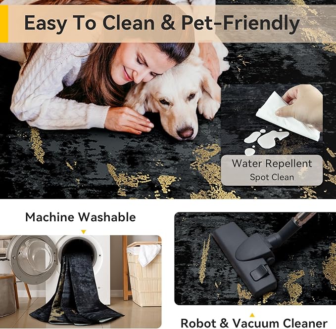 RELEANY Washable Area Rugs 8'x10' Non-Slip Modern Abstract Soft for Living Room Entryway Bedroom Nursery, Print Pattern, Dark Black Gold