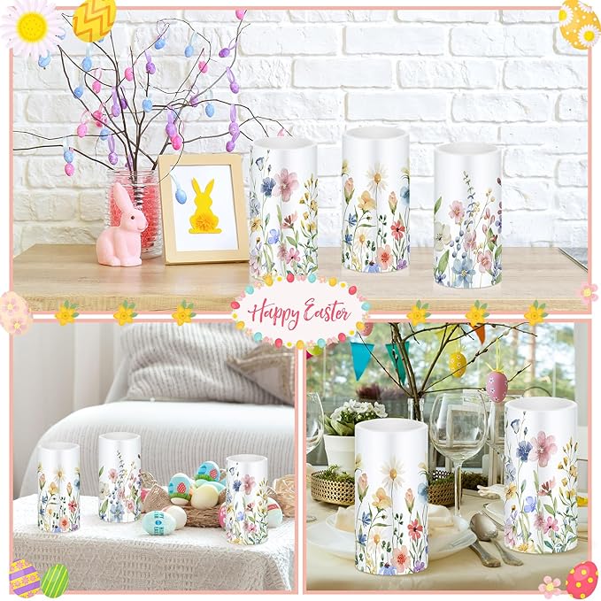 Retisee 3 Pcs Spring Wildflower Flameless Candles Spring Floral Battery Operated Flickering LED Candles with Remote Floral Gifts Decoration for Easter Wedding Table Centerpieces Home Living Room Decor