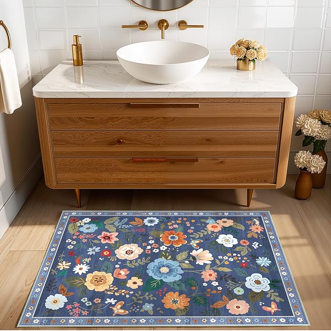 RELEANY Floral Nursery 2x3 Area Rugs Washable Print Boho Cute Carpet Non Slip Flower Low Pile for Living Room Kids Girls Playroom Bedroom Kitchen Office Farmhouse-Blue/Grey