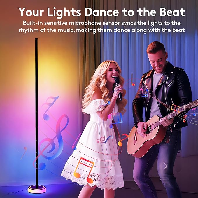 59" Smart LED Corner Floor Lamp, RGBICW Color Changing Ambient Lighting, App Control Music Sync Mood Light, Modern Dimmable Room Decor for Bedroom, Living Room, Gaming Setup, Black