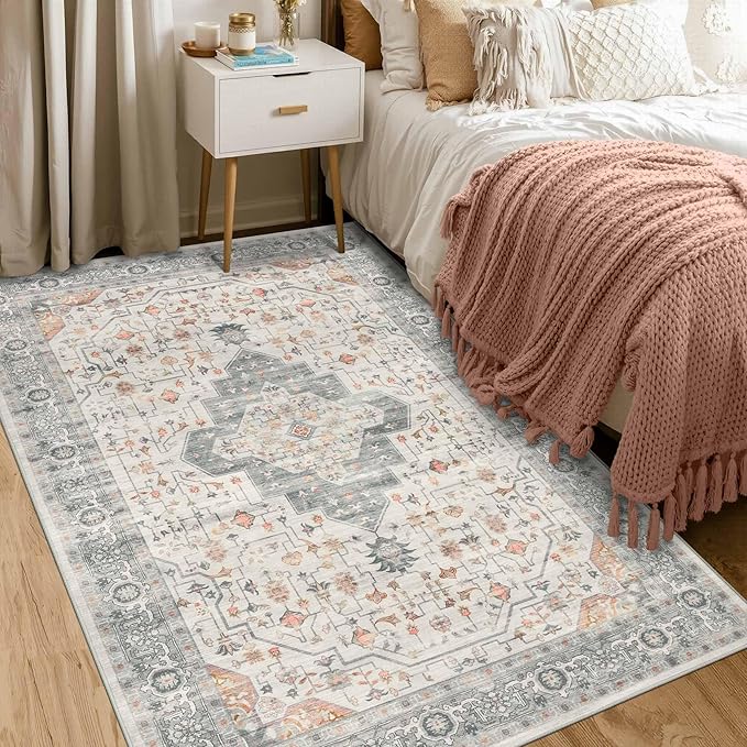 Rugxara Washable Area Rug for Living Room, Vintage Neutral Boho Rugs for Office, Dining Room, Kids Room, Farmhouse, Durable Low Pile Non Slip Carpet for High Traffic Areas, Taupe(4x6ft)