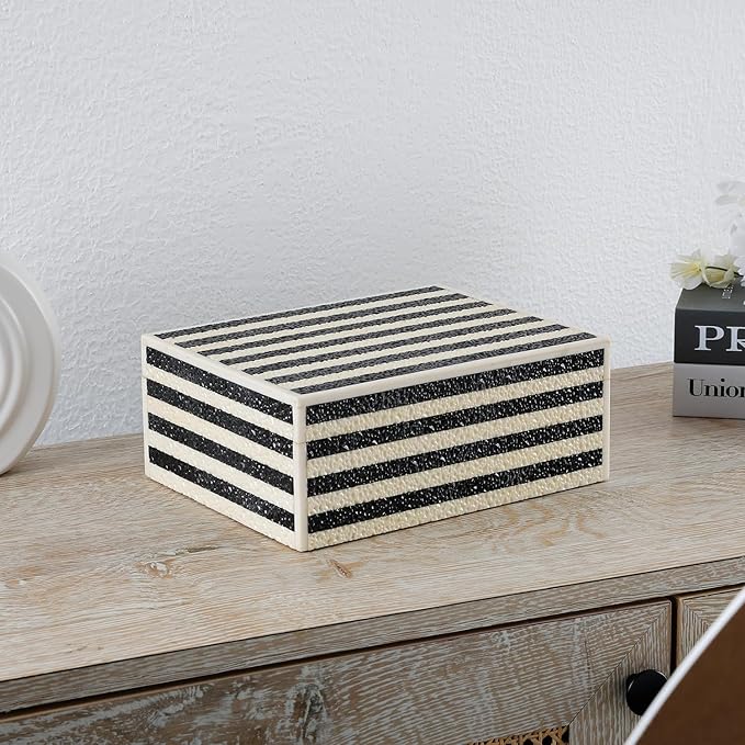 Handicrafts Home Large Decorative Storage Box with Lid– 10x8x4” Coffee Table Organizer, Keepsake- Decorative Boxes for Home Decor, Stylish Decorative Box for Office Decor- Monochrom Strip- Black White