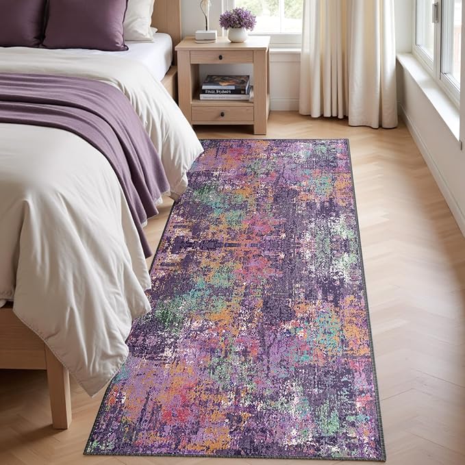 RELEANY Washable Area Rugs 2'x8' Non-Slip Modern Abstract Soft for Living Room Entryway Bedroom Nursery, Print Pattern, Purple Orange Blue Green Rust Red Colorful