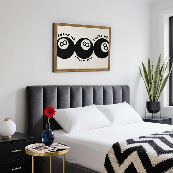Trendy Black 8 Ball Wall Art, Funny Lucky You Y2k Canvas Wall Decor Painting, Funky Cool Billiards Posters Prints Pictures for Living Room Bedroom Apartment Dorm Room Decor 16x24 Inch Wood Framed