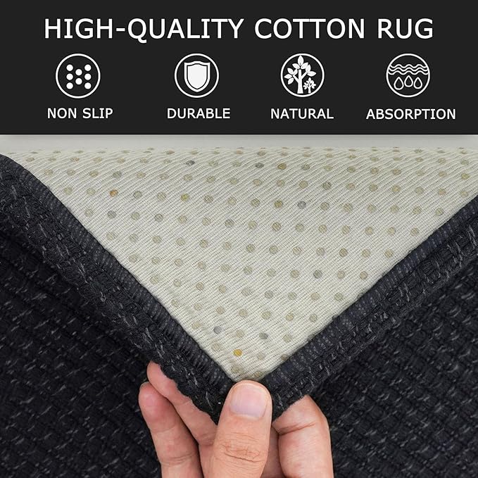 KOZYFLY Rugs for Entryway 3x5 ft Washable Area Rug Non Slip Rubber Backed Entry Rug Woven Indoor Door Mat Cotton Kitchen Rugs Floor Carpet for Entryway, Foyer, Backdoor, Black/Dark Grey