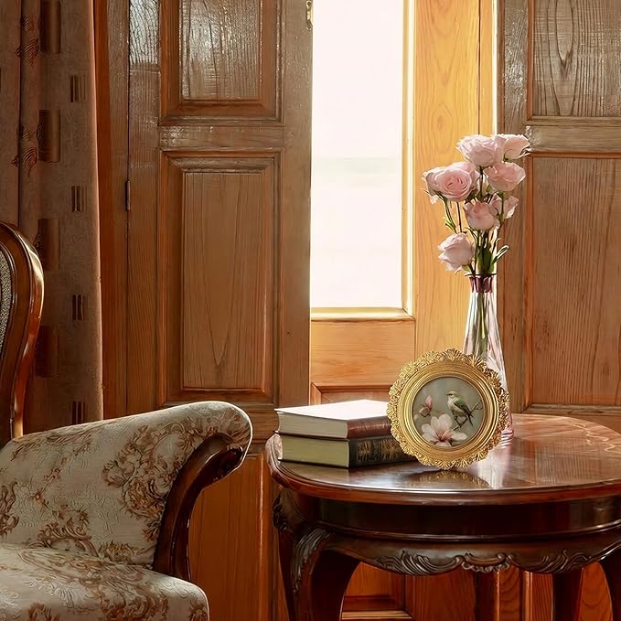 Small Vintage Bird Spring Round Picture Frame Wall Decor, Pink Flower Gold Mini Ornate Photo Frame for TableTop Desk 2.7in Photo,Rustic Farmhouse Framed Artwork for Walls Office Bedroom Shelf
