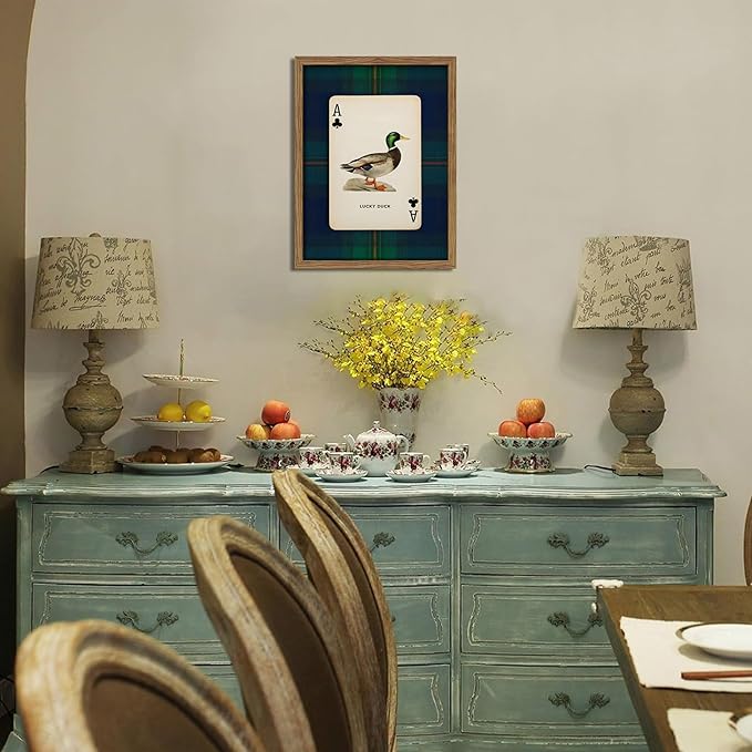 Framed Vintage Mallard Duck Wall Art, Country Lucky Duck Wildlife Poker Wall Decor Painting, Nature Rustic Farmhouse Hunting Canvas Prints Pictures for Living Room Bedroom 16x24 Inch