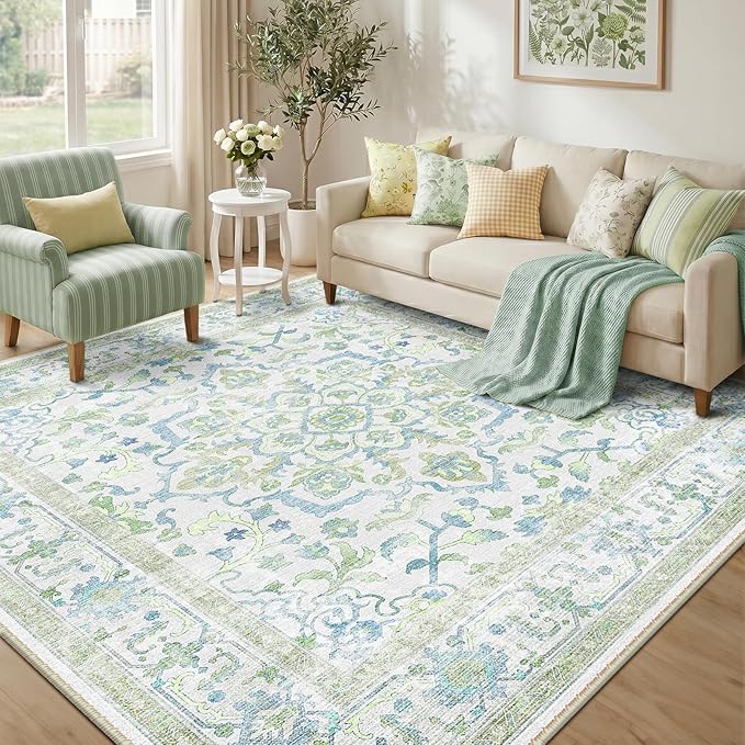 CAPALOCA Machine Washable Rugs Nursery Rug Sq8ft Cute Girl Non Slip Low Pile Water Repellent Soft Print Pattern for Bedroom Indoor Decor Kids Playroom Green Blue